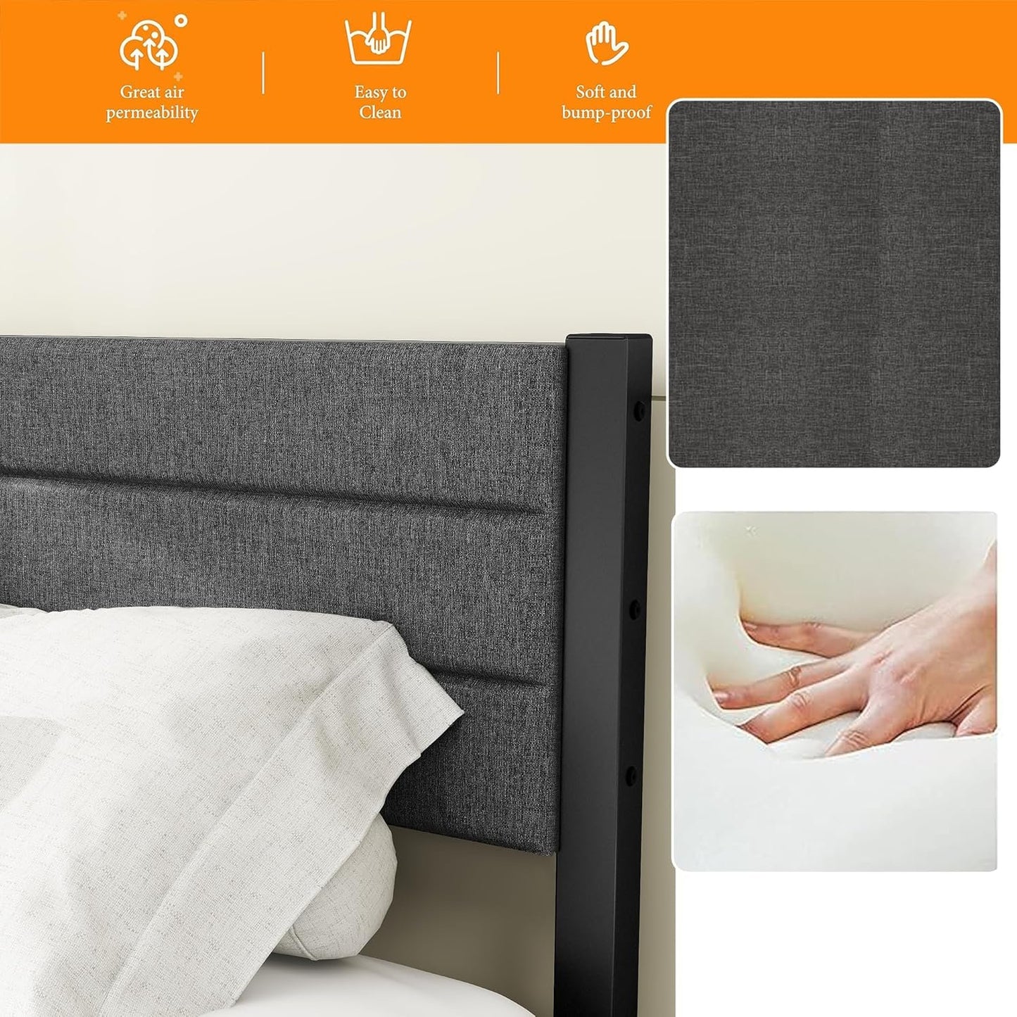 DUMEE Queen Bed Frame, Metal Bed Frame Queen Size with Upholstered Headboard, Heavy Duty Platform Bed Frame No Box Spring Needed &Easy Assembly, Gray Queen Bed