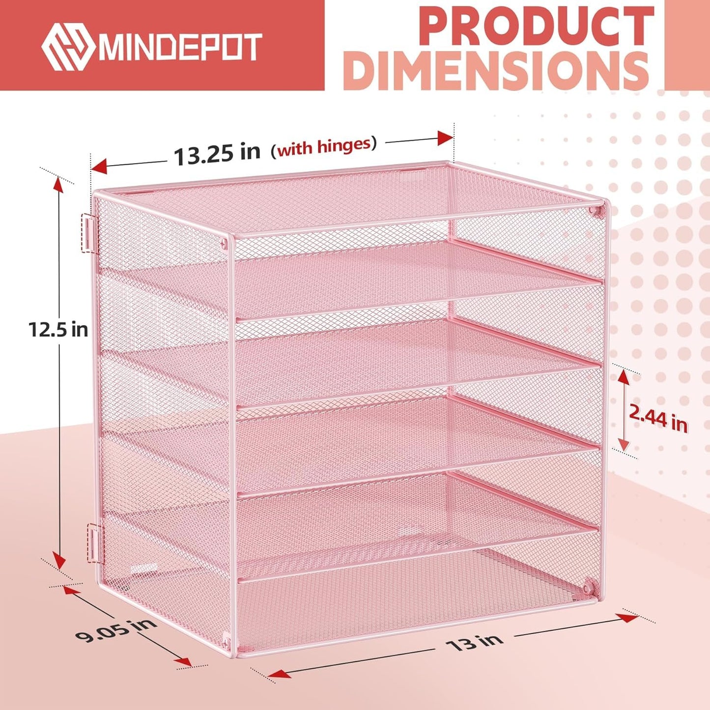 MINDEPOT 6 Tier Desk Organizer Paper Tray, Metal File Holder Desktop Organizers and Workspace Accessories for School Office Organization Storage Rack (1, Pink)