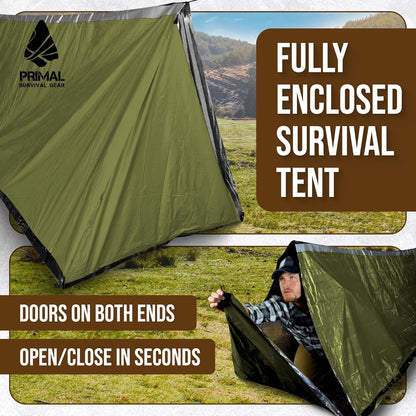 Primal Survival Gear Orange Polyester Survival Tent with Doors - Compact, Durable, All-Season Shelter for Camping, Hiking, and Emergency Preparedness