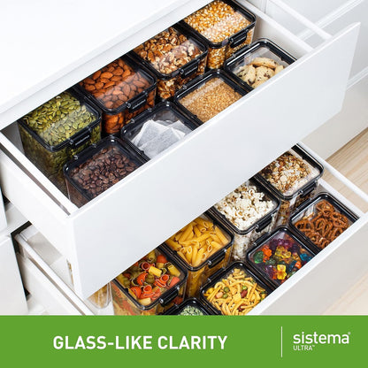 Sistema Ultra Tritan Airtight Pantry Storage Container | 920 ml Square Food Storage Container | Stackable | with Locking Clips | BPA-Free | Clear with Black Accents