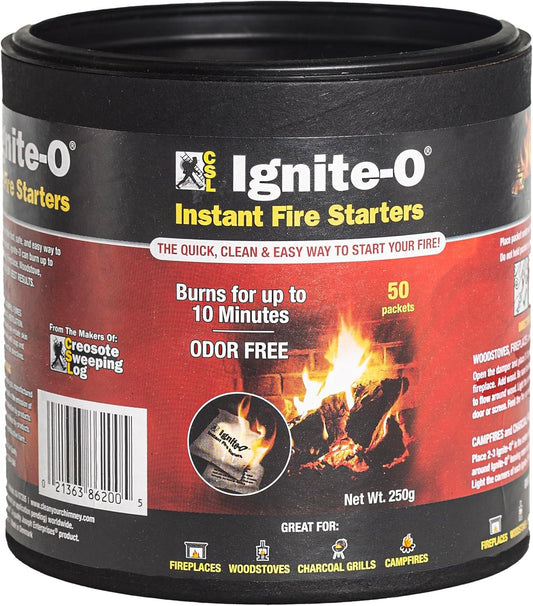 Ignite-O Instant Fire Starters - 50 Packets of Easy Lighting Fire Starter - Ideal for Campfires, Charcoal Grills, Fireplaces, and Woodstoves - Odorless, Fast Ignition