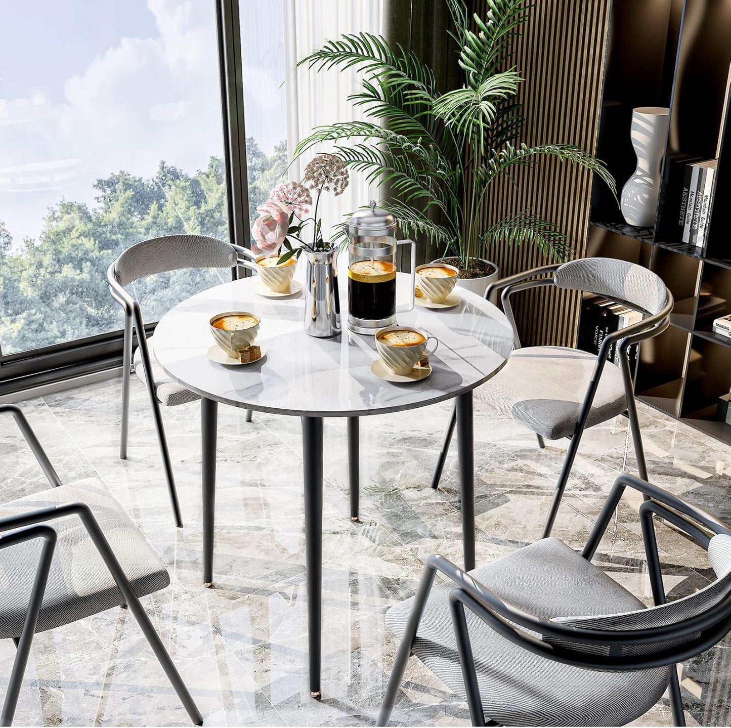 Kitchen Dining Table Marble Tabletop: Round 80cm Modern Sintered Stone High Gloss Grey Marble Top Dinner Tables 2 Seater with Tapered Metal Legs for Dining Room Coffee Shop Restaurant