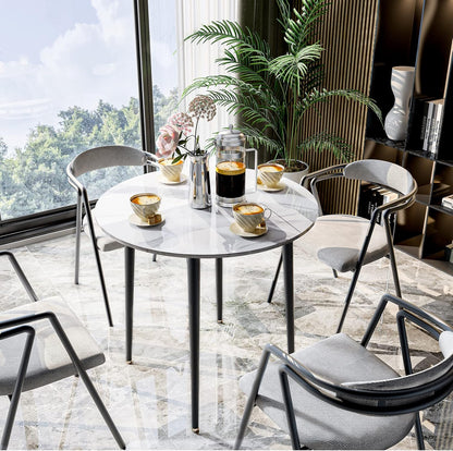 Kitchen Dining Table Marble Tabletop: Round 80cm Modern Sintered Stone High Gloss Grey Marble Top Dinner Tables 2 Seater with Tapered Metal Legs for Dining Room Coffee Shop Restaurant