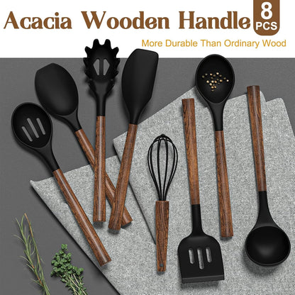 Silicone Cooking Utensils Kitchen Utensil Set - Umite Chef 9 PCS 446°F Heat Resistant Kitchen Gadgets Tools Set with Wooden Handles for Nonstick Cookware (BPA Free, Black)