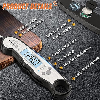 Digital Meat Thermometer, Waterproof Instant Read Food Thermometer for Cooking and Grilling, Kitchen Gadgets, Accessories with Backlight & Calibration for Candy, BBQ Grill, Liquids, Beef, Turkey…