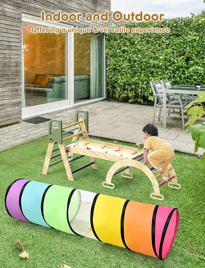 Pikler Triangle Set, 8-in-1 Indoor Jungle Gym with Kids Play Tunnel, Indoor Playground Jungle Gym for 1-3 Years Old, Wooden Montessori Climbing Set with Arch, Ramp & Ladder for Toddlers, Kids(S)