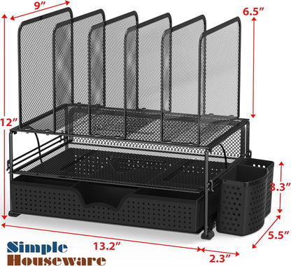 SimpleHouseware Desk File Organizer for Office Stationery with Sliding Drawer, Double Tray, Pencil Holder, and 5 Upright Sections, Black