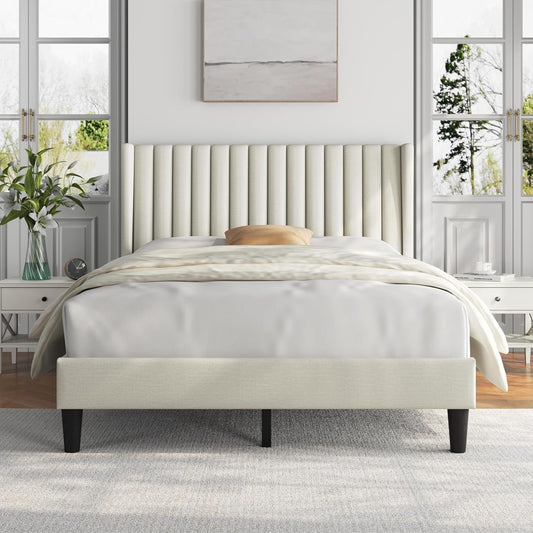 Yaheetech Full Bed Frame Upholstered Platform Bed with Fabric Headboard, Wing Edge Design/Non-Slip and Noise-Free/Wooden Slats Support/No Box Spring Needed/Easy Assembly, Beige Full Bed