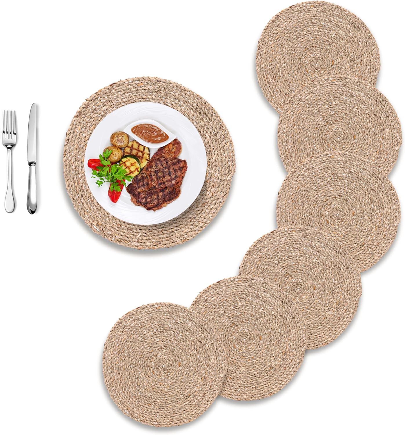 Woven Placemats Set of 12, Round 12" Boho Rattan Natural Hand-Woven Seagrass Placemats, Farmhouse Weave Place Mats, Rustic Braided Wicker Table Mats for Dining Table, Home, Wedding