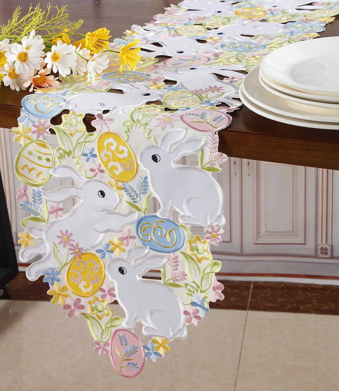 Easter Table Runner Spring Bunnys Flowery Table Runner Cutwork Embroidered Floral and Bunnys Dresser Scarf Table Topper Home Kitchen Dining Tabletop Decoration (Runner 13"×54", Bunny)