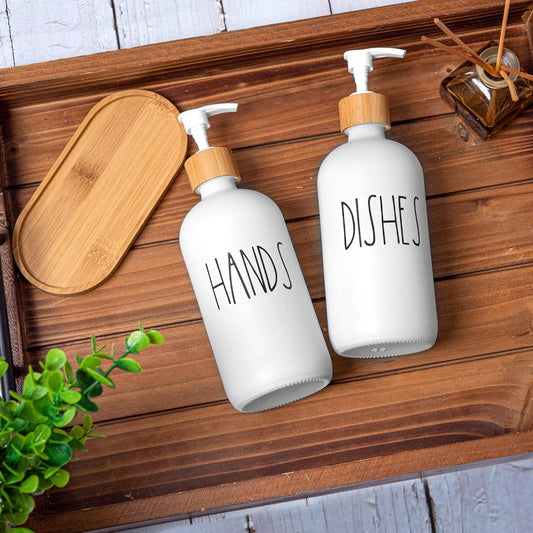 Hand and Dish Soap Dispenser for Kitchen by Brighter Barns - White Kitchen Soap Dispenser Set with Tray - Farmhouse Glass Soap Dispenser - Cute Housewarming, Wedding, Boho Home Decor