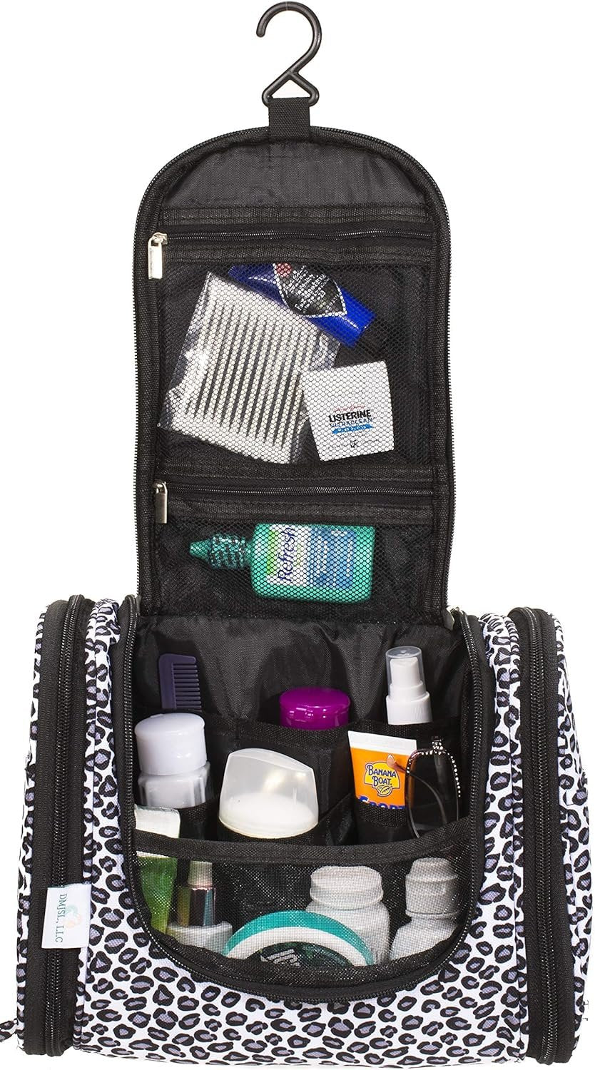 DMJSL Womens Hanging Toiletry Bag - Travel Makeup Organizer and Cosmetic Case, TSA Approved, Black Leopard Print