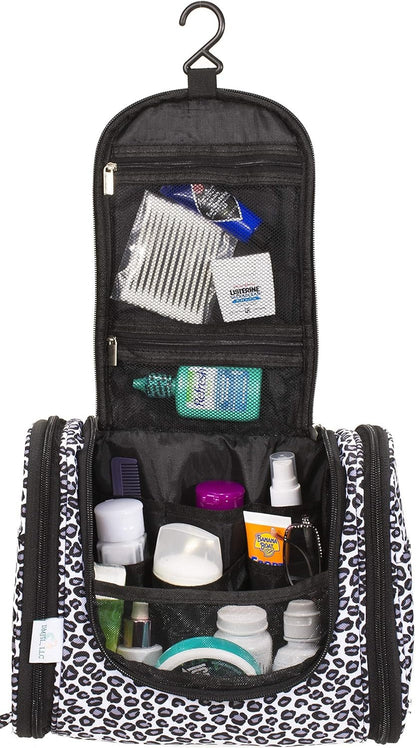 DMJSL Womens Hanging Toiletry Bag - Travel Makeup Organizer and Cosmetic Case, TSA Approved, Black Leopard Print