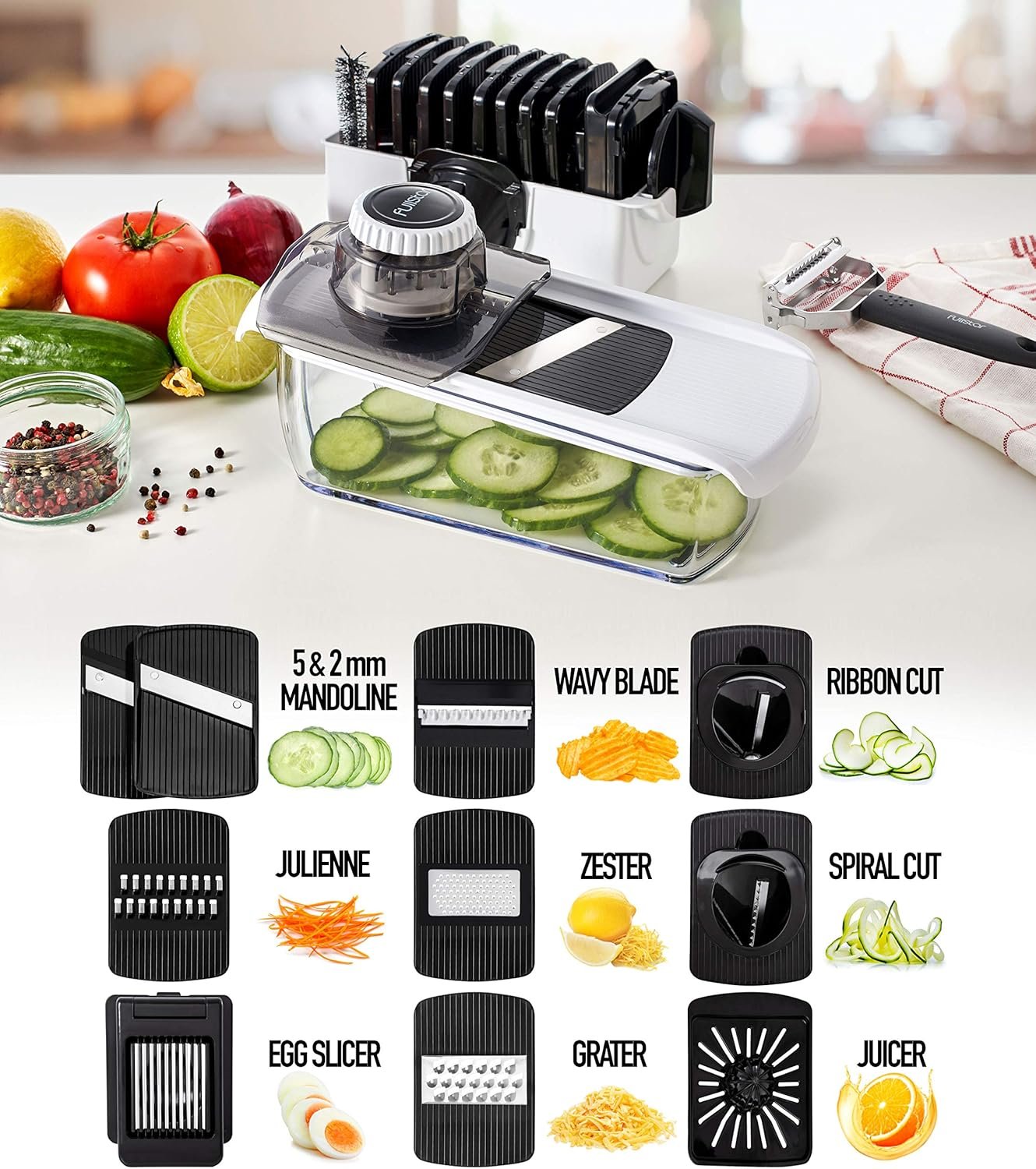 Mandoline Slicer for Kitchen - Mandoline Food Slicer - Veggie Julienne Cutter & Cheese Grater - Potato Veg Slicer - Kitchen Tools & Gadgets (11-in-1 White)