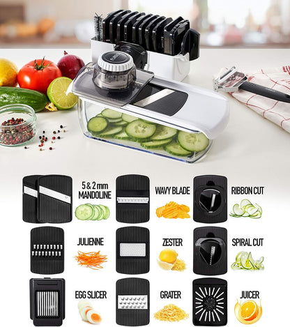 Mandoline Slicer for Kitchen - Mandoline Food Slicer - Veggie Julienne Cutter & Cheese Grater - Potato Veg Slicer - Kitchen Tools & Gadgets (11-in-1 White)