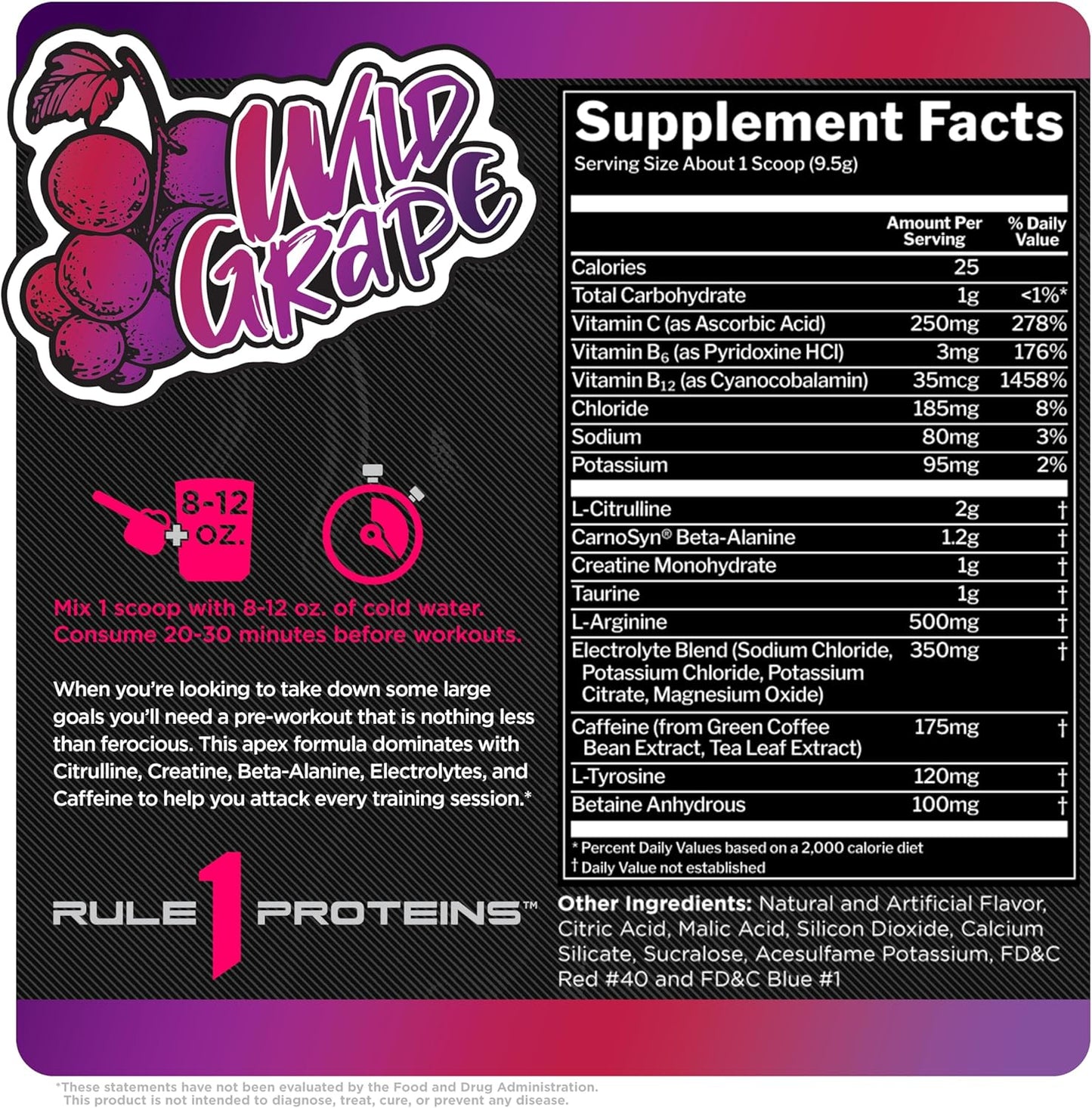 Rule1 R1 Roar Ferocious Pre-Workout Powder 285 g, Wild Grape (30 Servings)
