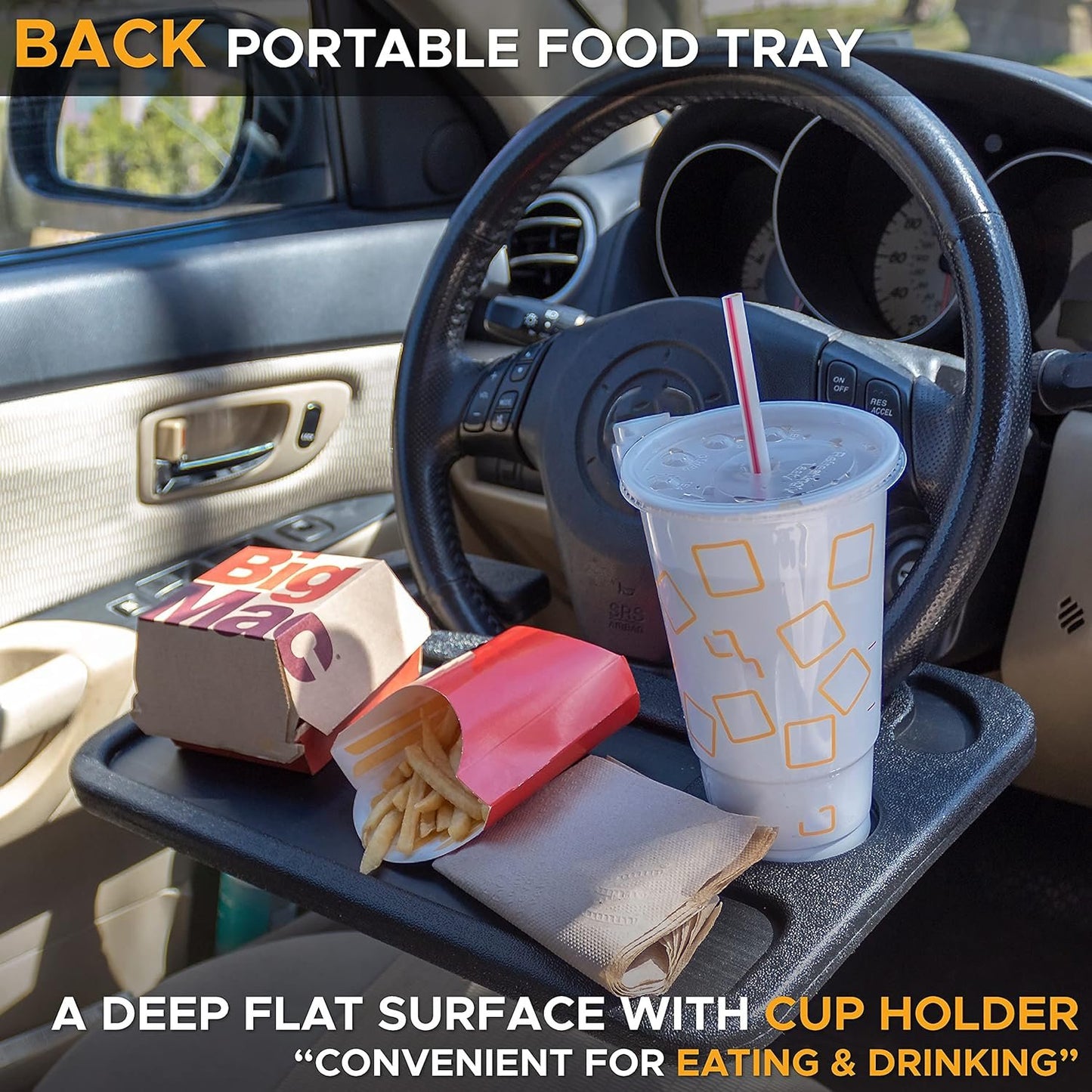 EcoNour 2 in 1 Car Steering Wheel Desk | Steering Wheel Tray for Laptop Car Mount with Pen Holder | Food Tray for Eating with Drinks Holder | Multipurpose Travel Accessories