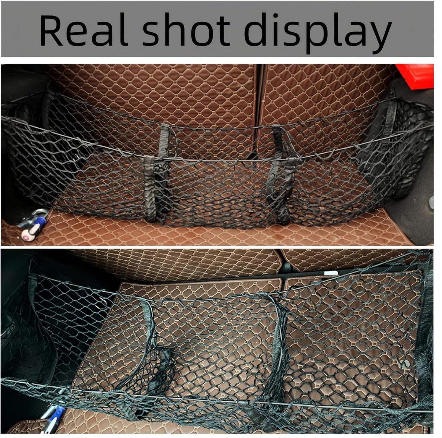 Ai-OUMLEEF Automotive Cargo Net,Detachable Cargo Net Trunk Bed Organizer, Cargo Net Trunk Bed Organizer with 4 Carabiners Accessories,Mesh Storage Net Heavy Duty Cargo Net with 3 Pocket(90*30*30cm)