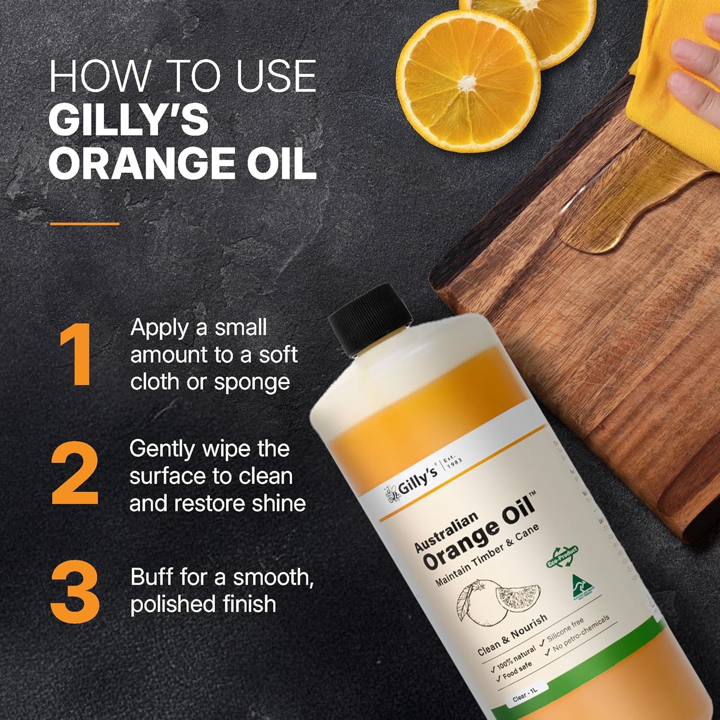 Gilly's Orange Oil 1 Litre | All-Purpose Natural Finish for Wooden Chopping Boards, Cutting Boards & Furniture | Essential Oil Blend for Cleaning, Restoring Cane, Bamboo & Wooden Surfaces
