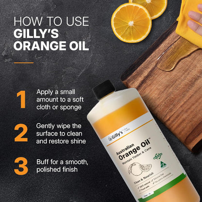 Gilly's Orange Oil 1 Litre | All-Purpose Natural Finish for Wooden Chopping Boards, Cutting Boards & Furniture | Essential Oil Blend for Cleaning, Restoring Cane, Bamboo & Wooden Surfaces