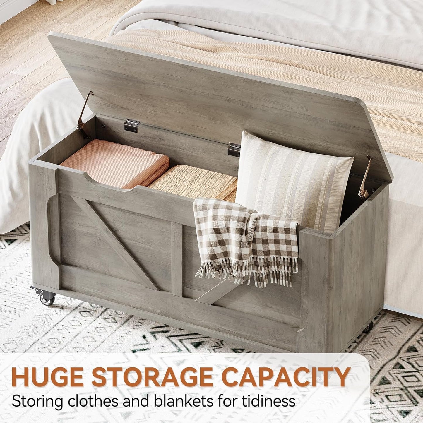 IDEALHOUSE Storage Chest, 39.4" Storage Bench, Wooden Storage Trunk with Safety Hinges, Lift-Top Entryway Bench, Supports 350 lb, Shoe Bench, for Bedroom, Living Room, Farmhouse Rustic Style, Gray