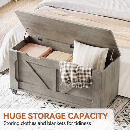 IDEALHOUSE Storage Chest, 39.4" Storage Bench, Wooden Storage Trunk with Safety Hinges, Lift-Top Entryway Bench, Supports 350 lb, Shoe Bench, for Bedroom, Living Room, Farmhouse Rustic Style, Gray