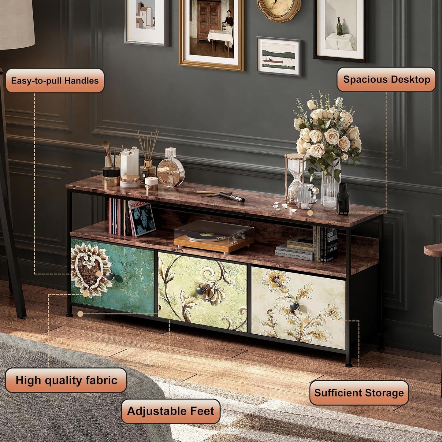 TV Cabinet 108 cm with LED Lights, 108 × 29.8 × 57 cm, Industrial TV Cabinet with 3 Drawers, Living Room TV Cabinet with LED for Bedroom, Dining Room, Living Room
