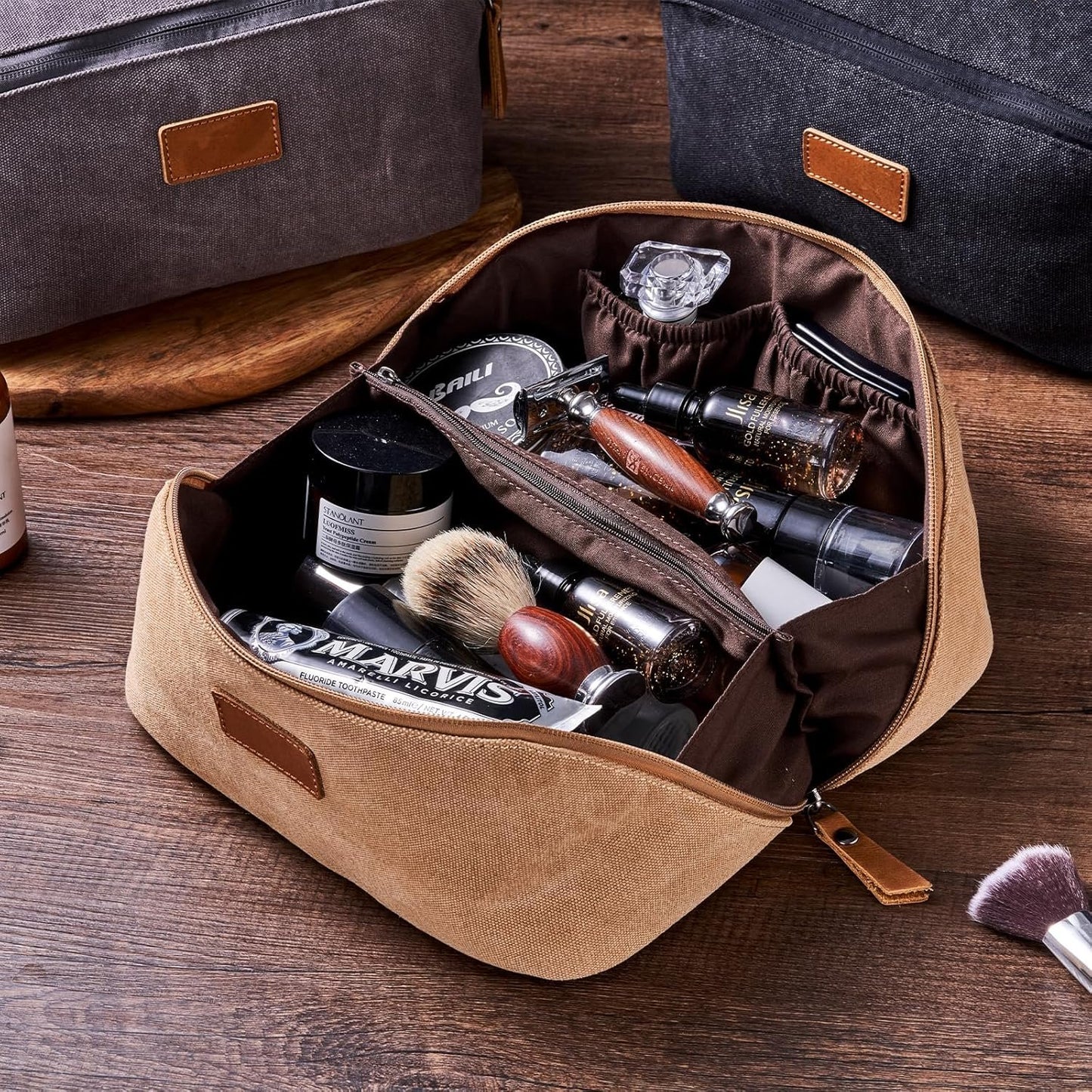 PAHVRION Canvas Toiletry Bag for Women with Genuine Leather Handle,Travel Dopp Kit,Shaving Kit Bag for Men,Water Resistant Hygiene Dopp Kit, Coffee, Non-customized