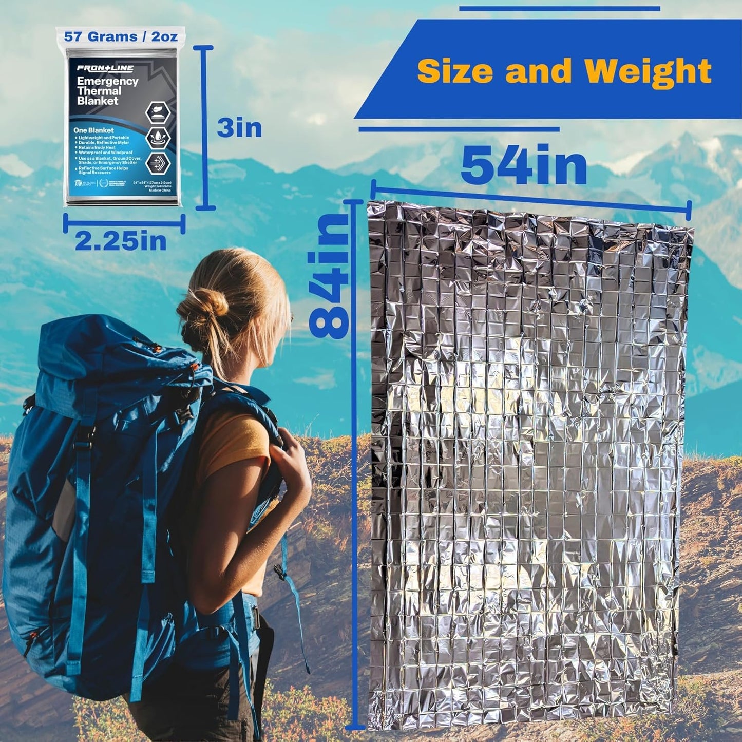 FRONTLINE Emergency Thermal Blankets Large 54" x 84" Mylar Blankets Survival Gear Camping Gear Emergency Space Blanket First Aid for Survival (4)