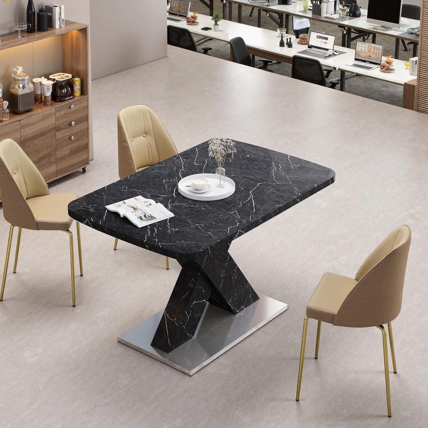 Modern Style Square Stretch Dining Table, Kitchen Table with Marble Table Top, MDF X-Shape Legs and Metal Base (Black)