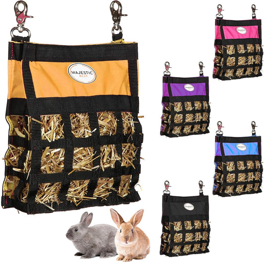 Majestic Ally Guinea Pig Hay Feeder – Rabbit Hay Feeder – Premium Quality Highly Durable Nylon – Three Side Open Slow Feed Hay Bag for Small Animals – 5 Lovely Colors (Orange)