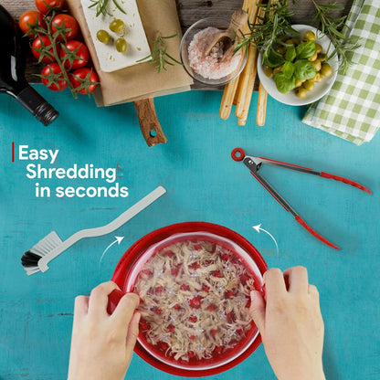 Rosecin Pro Chicken Shredder Tool Twist with Anti Slip Mat Tong and Brush, Meat Shredder, Kitchen Tools & Gadgets, Suitable for Pork Beef Chicken, Ergonomic Handle, BPA Free, Dishwasher Safe (Red)
