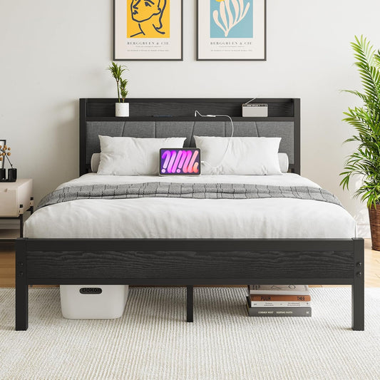 BOFENG Queen Bed Frame with Upholstered Storage Headboard/Charging Station,Metal Platform Bed Frame Queen Size with Strong Slats Support,No Box Spring Needed,Mattress Foundation,Noise Free