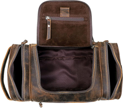 VC VINTAGE COUTURE Extra Large Leather Toiletry Bag for Men, Dopp Kit, Shaving Bag for Travel, Brown, 9.3 x 5.5 x 4.5 Inches