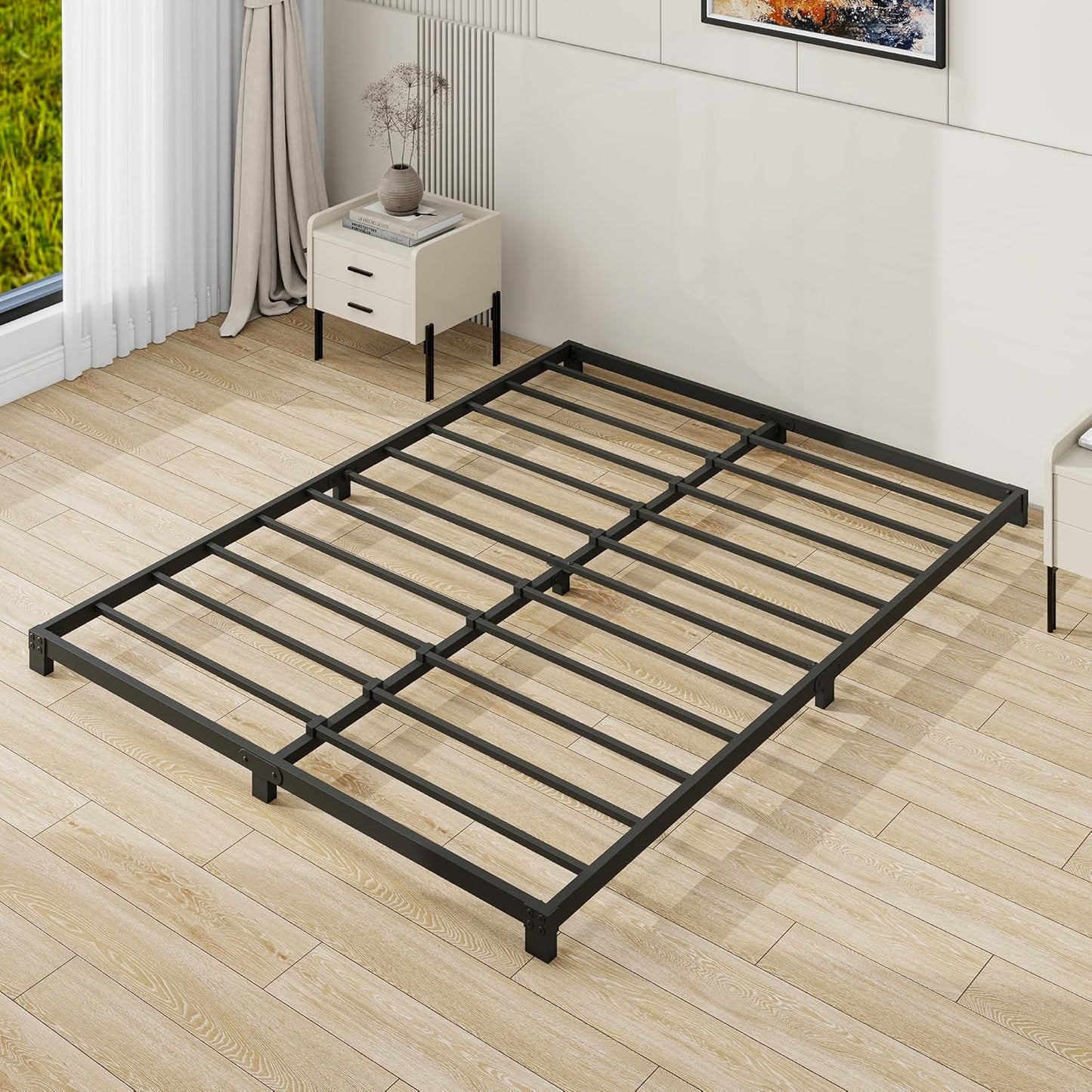 VERFARM 3 Inch Low Queen Size Bed Frame, Heavy Duty Metal Platform Bed Frame Queen, No Box Spring Needed, Sturdy Steel Slat Support, Easy Assembly, Black, Queen