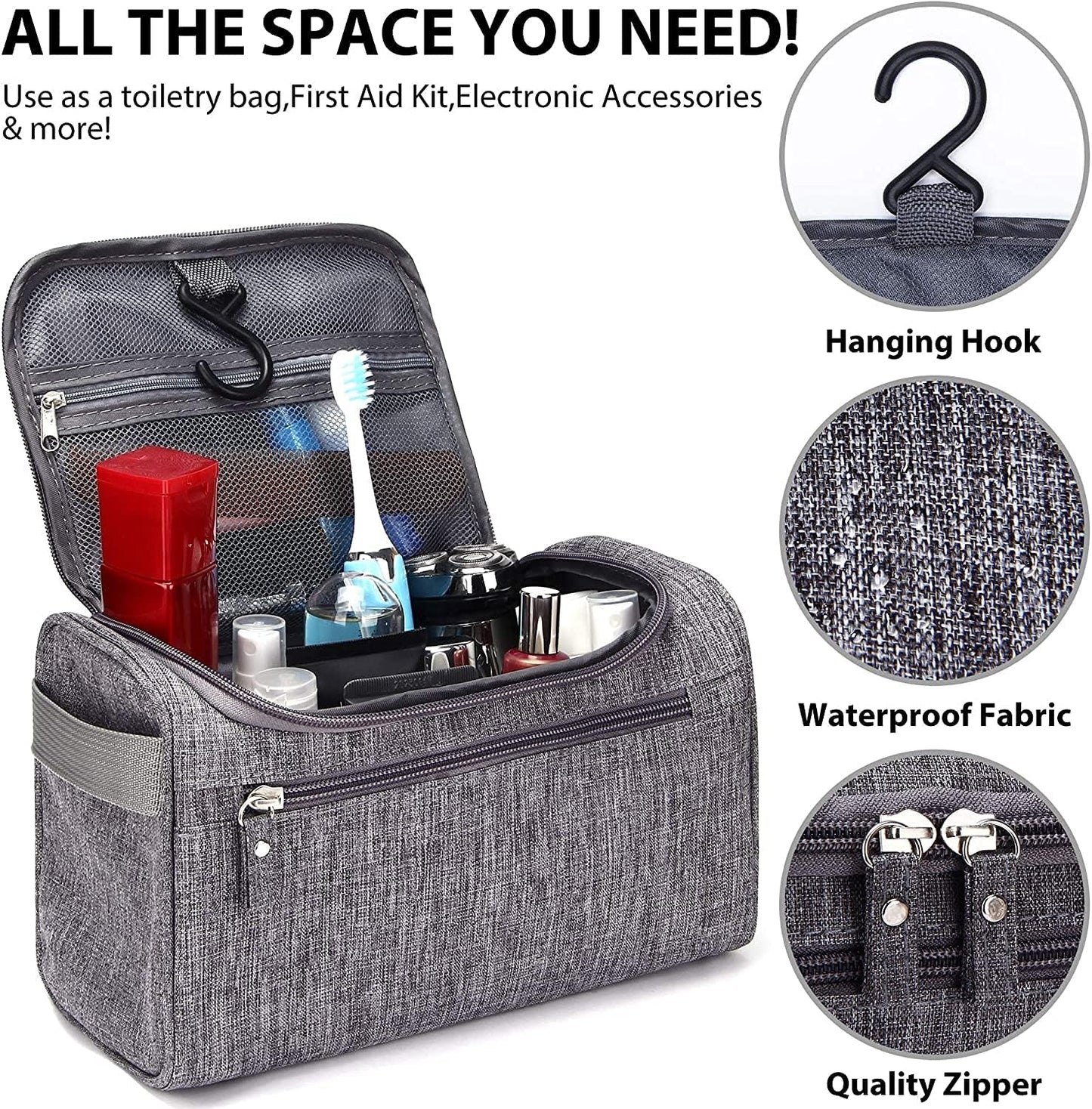 Toiletry Bag with Hanging Hook (25x14.5x15CM), Travel Case Waterproof Cosmetic Bag or Accessories, Shampoo, Makeup, Personal Items, Healthcare Organizer with Handle for Men and Women (Grey)