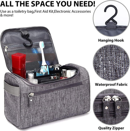 Toiletry Bag with Hanging Hook (25x14.5x15CM), Travel Case Waterproof Cosmetic Bag or Accessories, Shampoo, Makeup, Personal Items, Healthcare Organizer with Handle for Men and Women (Grey)