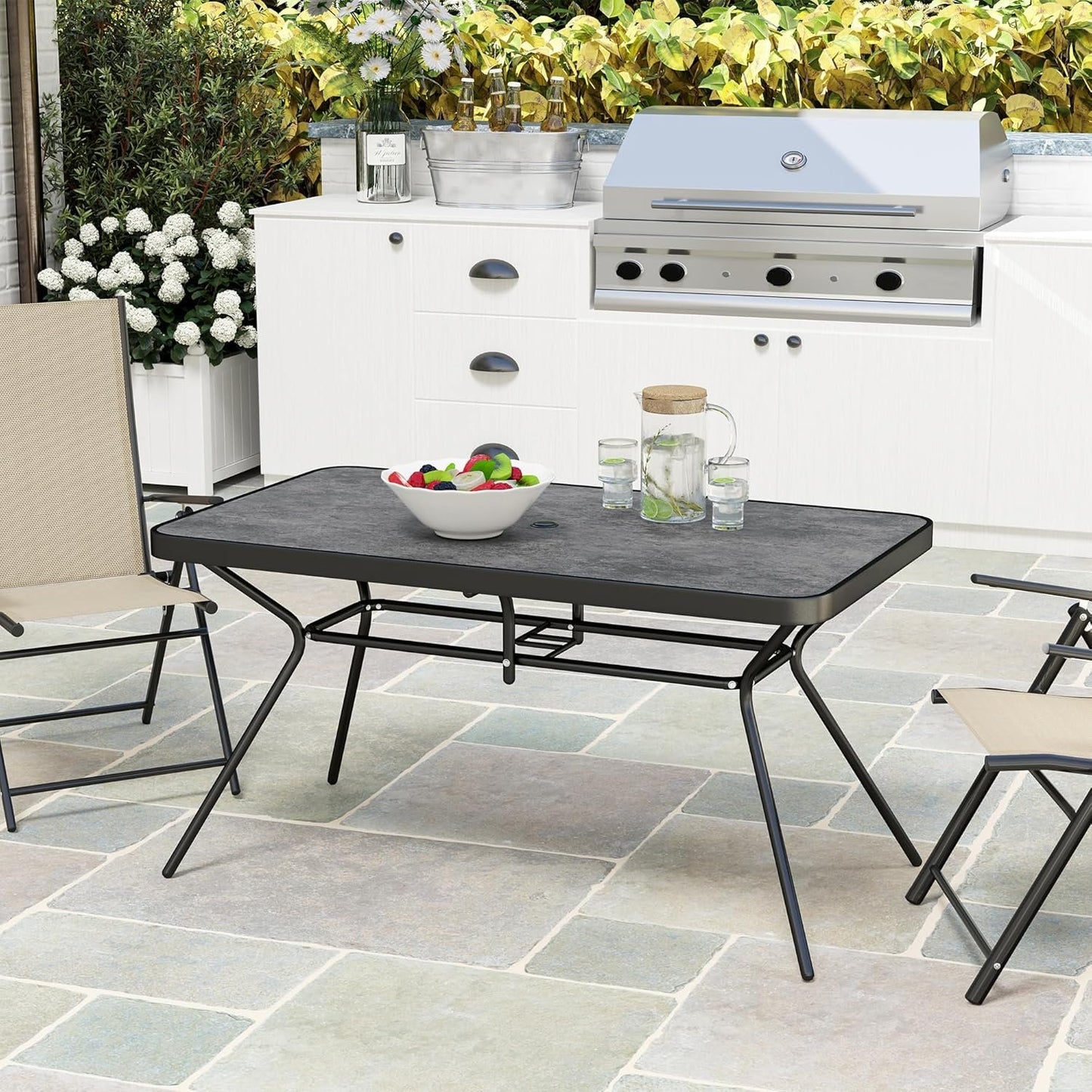 Outsunny 55" x 31.5" x 28" Rectangle Outdoor Dining Table for 6, Patio Table with 1.7" Umbrella Hole, Easy Clean DPC Plastic Tabletop, Steel Frame, for Backyard, Deck, Lawn, Grey