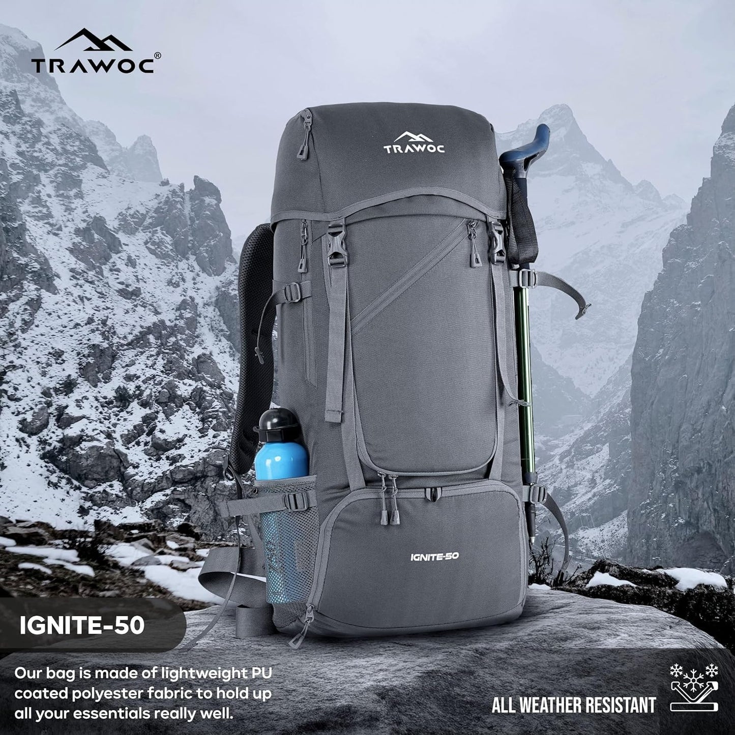 TRAWOC IGNITE 50 L Travel Bag Front & Top Open Backpack for Hiking Trekking Camping, Rucksack for Men & Women with Rain Cover and Shoe Compartment