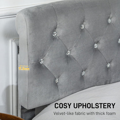 HOMCOM Full Size Platform Bed Frame with 2 Drawers, Upholstered Headboard with Crystal Tufted Design, Wooden Slats Mattress Foundation, No Box Spring Needed, Light Grey