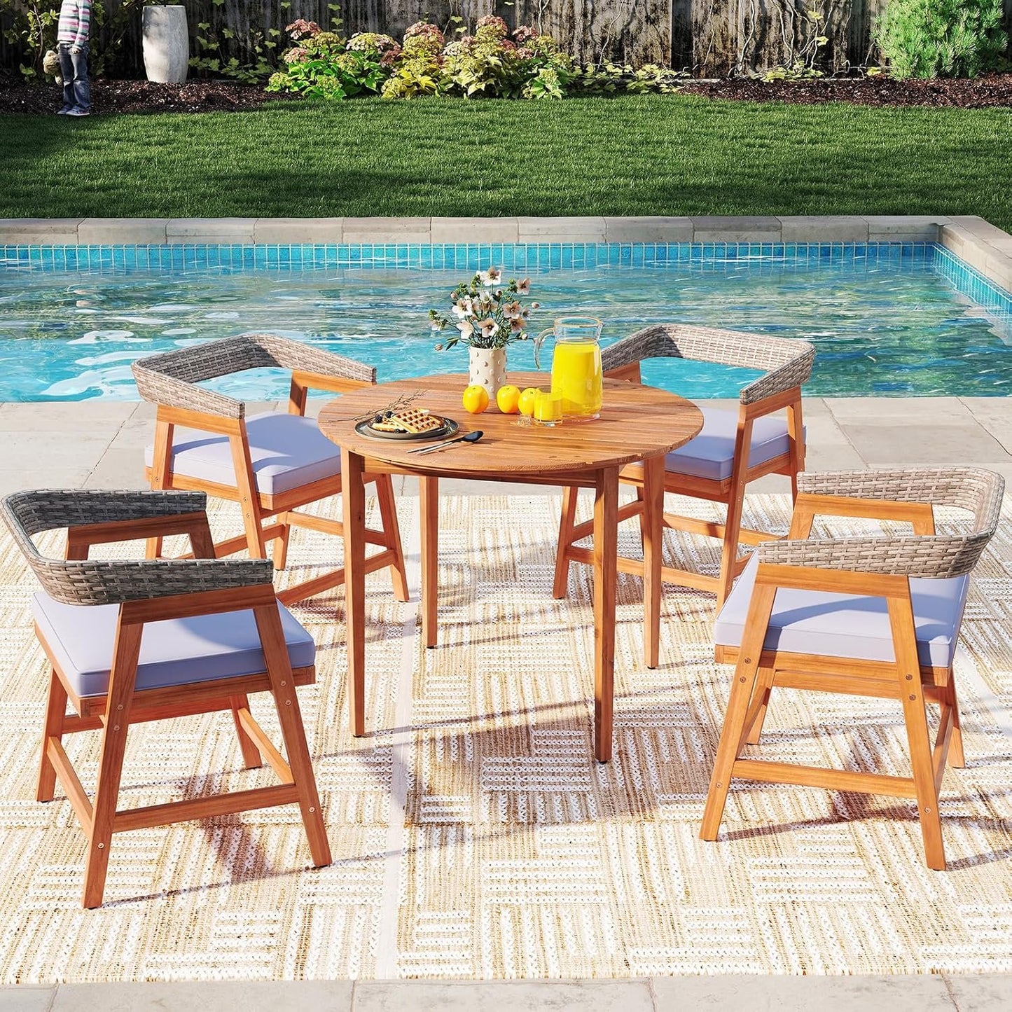 HAPPYGRILL Acacia Wood Round Dining Table for 4 People, 36" Rustic Patio Wooden Table w/Slatted Tabletop, Oil Finish, Indoor Outdoor Farmhouse Dining Furniture for Garden Backyard Deck Poolside Home