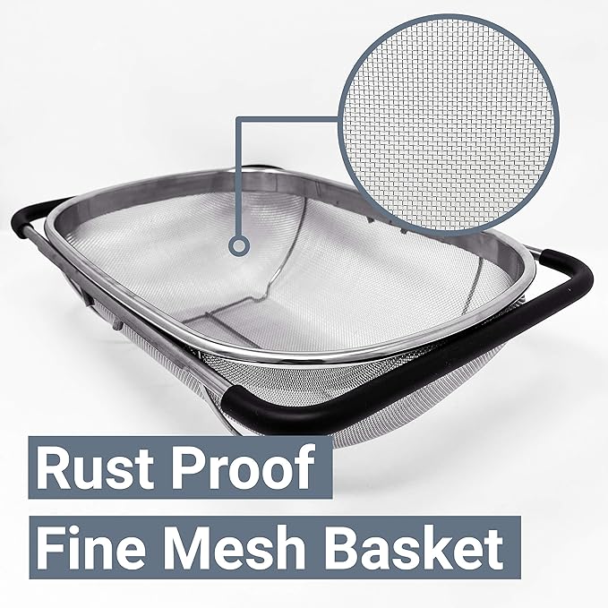 Makerstep Over the Sink Colander Strainer Basket Stainless Steel, For Kitchen Sink with Rubber Grip, Fine Mesh, Large Kitchen Gadgets Tools, Expandable Home Kitchen Essentials
