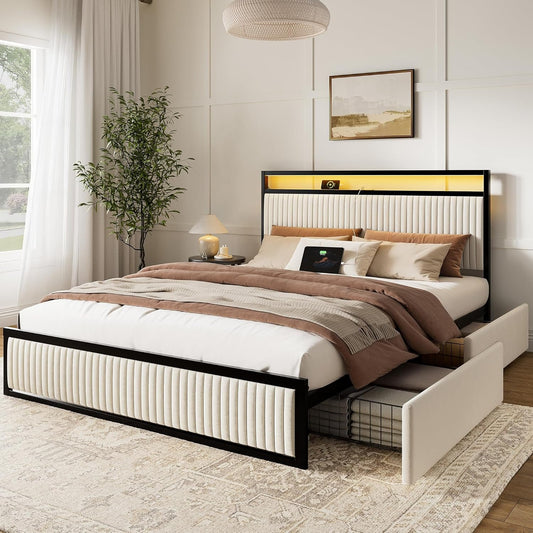 ROLETALENT Full Bed Frame with Headboard and 2 Storage Drawers, Upholstered Bed Frame Full Size with Charging Station & LED,Velvet Platform Bed Frame, Metal Support,No Box Spring Needed,Beige