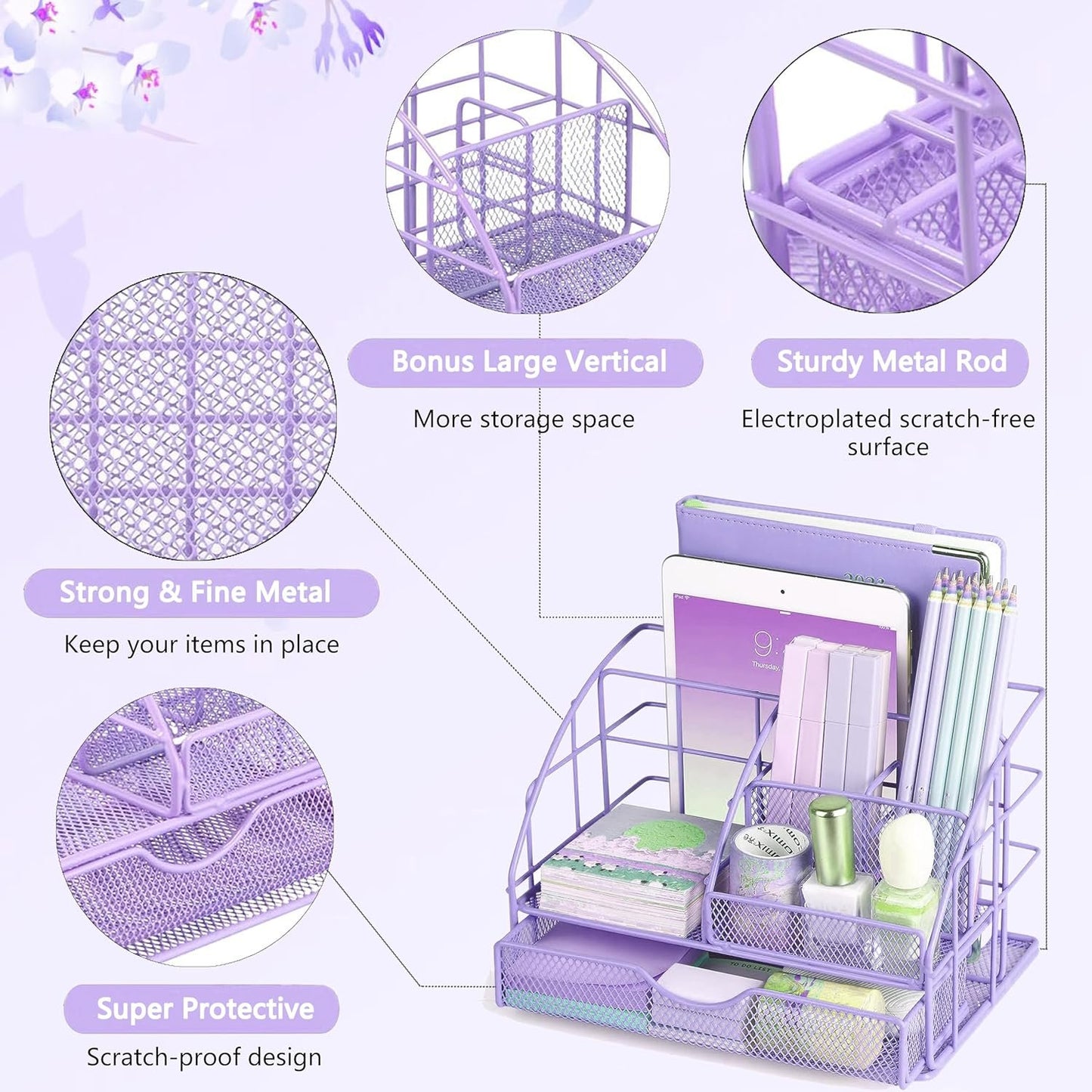 Purple Desk Organizers and Accessories, Purple Office Supplies with Mesh Desk Organizer, Acrylic Tape Dispenser and Stapler, Staples, Ballpoint Pen, Clips Set, Ruler, Scissor, Sticky Labels
