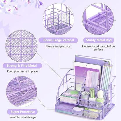 Purple Desk Organizers and Accessories, Purple Office Supplies with Mesh Desk Organizer, Acrylic Tape Dispenser and Stapler, Staples, Ballpoint Pen, Clips Set, Ruler, Scissor, Sticky Labels