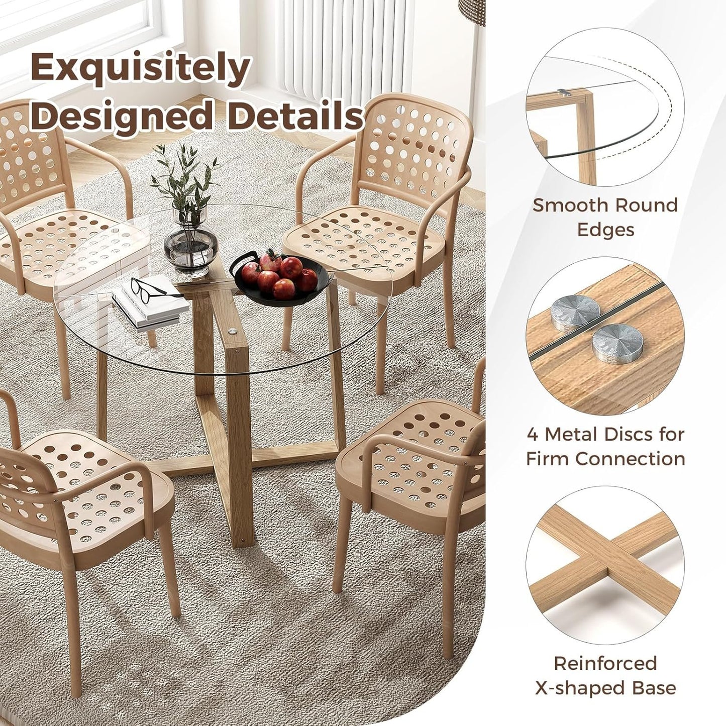 Tangkula 42" Round Glass Dining Table for 4-6, 0.3” Tempered Glass Tabletop with X-Shaped Rubber Wood Frame, Modern Kitchen Table for Home Kitchen Dining Room Breakfast Nook (Single Table)