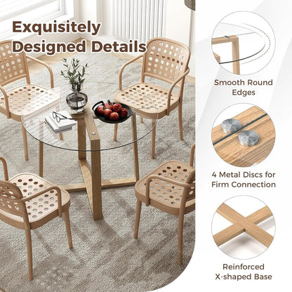 Tangkula 42" Round Glass Dining Table for 4-6, 0.3” Tempered Glass Tabletop with X-Shaped Rubber Wood Frame, Modern Kitchen Table for Home Kitchen Dining Room Breakfast Nook (Single Table)