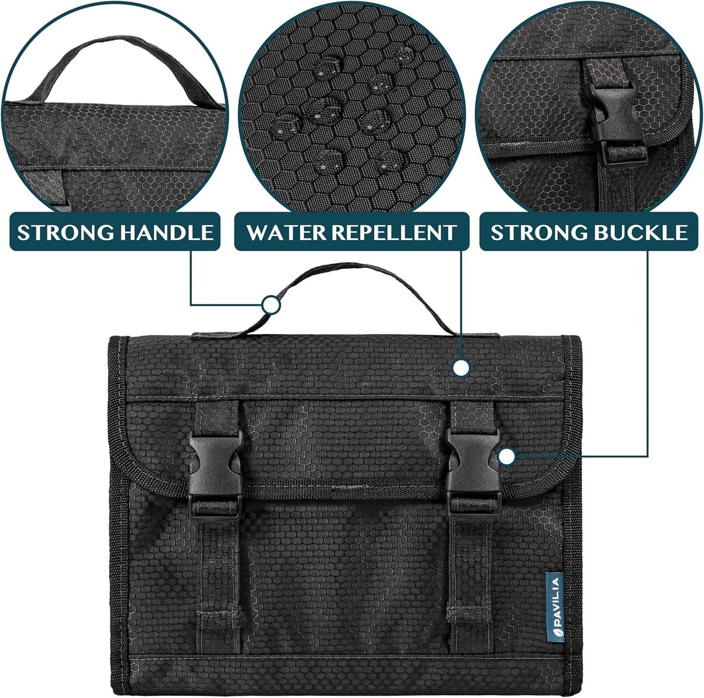 PAVILIA Travel Hanging Toiletry Bag for Women Men, Large Capacity Makeup Bag Kit, Waterproof Cosmetic Storage Organizer Case for Bathroom Shower, Black, Black, Large, Toiletry Bag