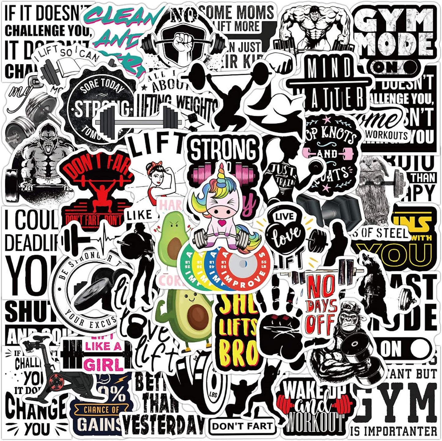 HNTR® Gym Stickers | 50 Motivational Fitness Quote Decals | Waterproof Vinyl Stickers for Laptops, Water Bottles, Gym Gear & Workout Inspiration