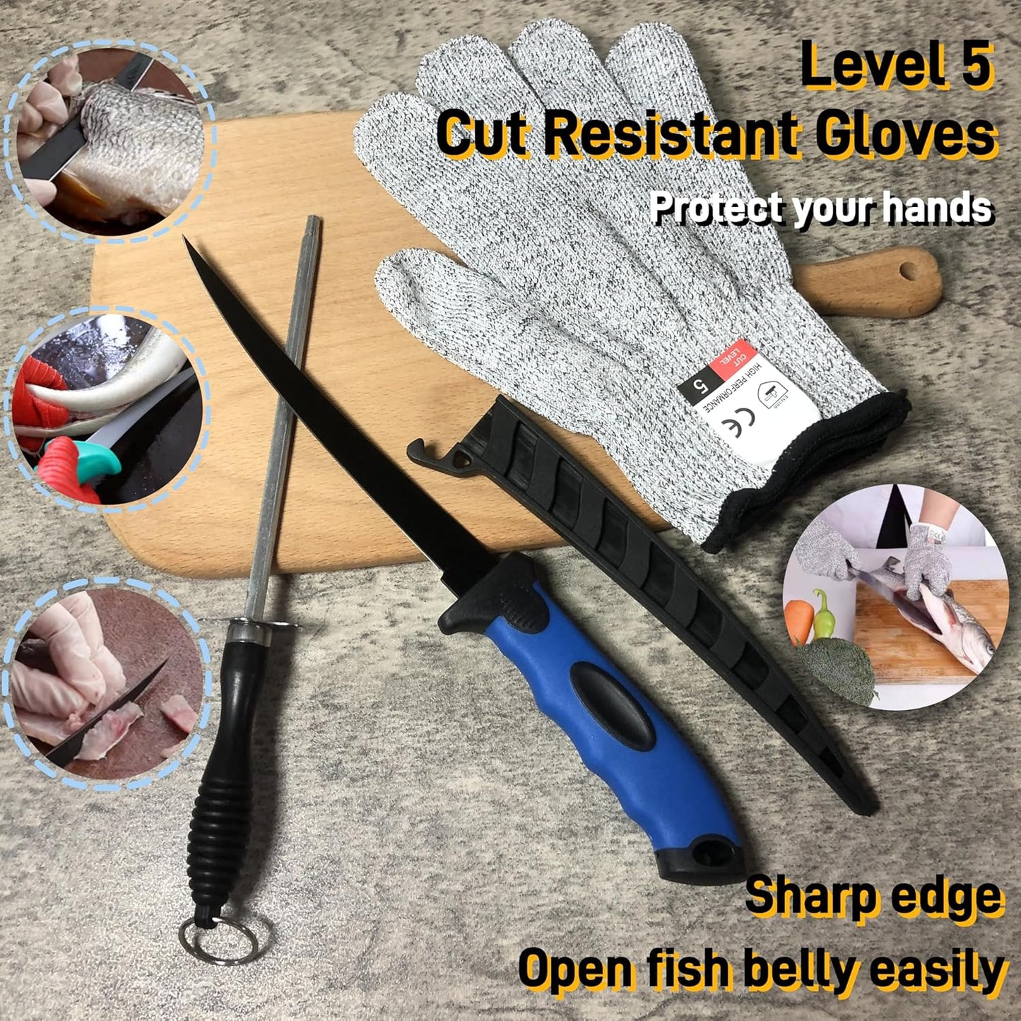 7PCS Fishing Knife Set, Fish Cleaning Kit, Filet Knife for Fish, Fish Scale Cleaning Brush, Multi-Functional Scissors, Gloves, Fishbone Tweezers, Storage Bag,Fishing Accessories,Fishing Tool Kit, Blue